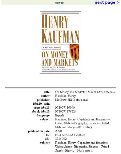 On Money and Markets: A Wall Street Memoir