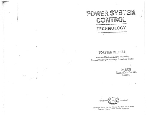 Power Systems Control Technology (Prentice-Hall international series in systems and control engineering)
