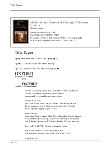 Medicine and Care of the Dying: A Modern History