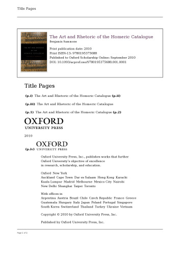 Art and Rhetoric of the Homeric Catalogue