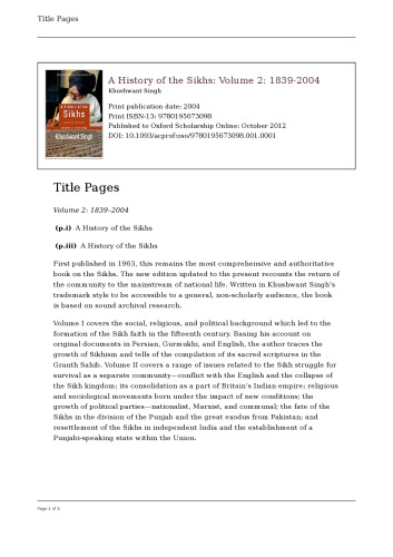 A History of the Sikhs, Volume 2: 1839–2004