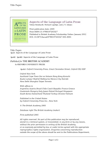 Aspects of the Language of Latin Prose