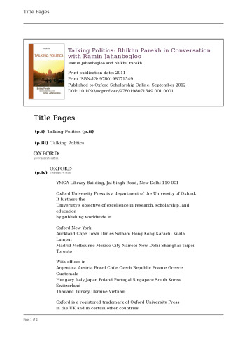 Talking Politics: Bhikhu Parekh in Conversation with Ramin Jahanbegloo
