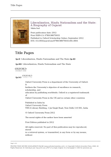 Liberalization, Hindu Nationalism, and the State: A Biography of Gujarat