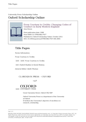 From Courtesy to Civility: Changing Codes of Conduct in Early Modern England