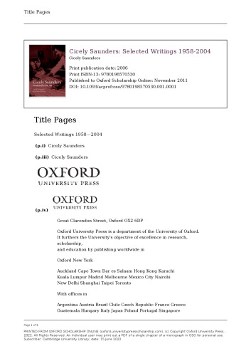 Cicely Saunders: Selected Writings 1958-2004