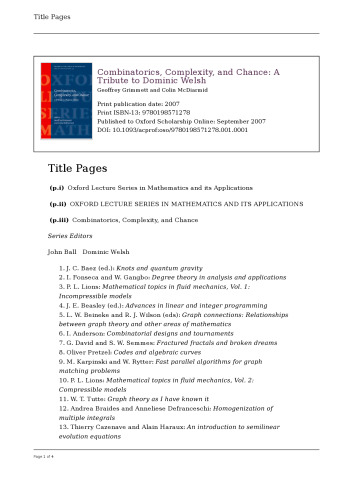 Combinatorics, Complexity, and Chance: A Tribute to Dominic Welsh