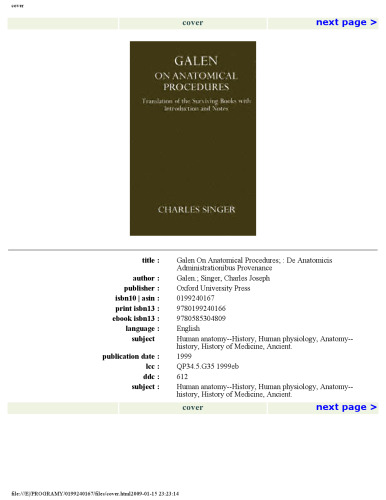 Galen On Anatomical Procedures: Translation of the Surviving Books with Introduction and Notes