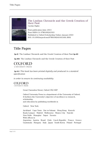 The Lindian Chronicle and the Greek Creation of Their Past