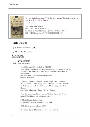 In the Wilderness: The Doctrine of Defilement in the Book of Numbers