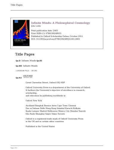 Infinite Minds: A Philosophical Cosmology