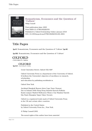 Romanticism, Economics and the Question of 'Culture'