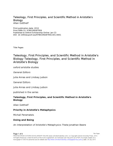 Teleology, First Principles, and Scientific Method in Aristotle's Biology
