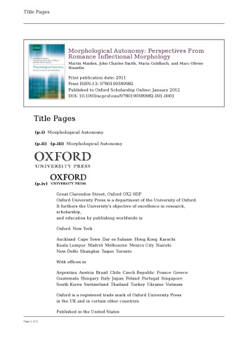 Morphological Autonomy: Perspectives from Romance Inflectional Morphology