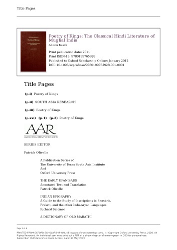 Poetry of Kings: The Classical Hindi Literature of Mughal India