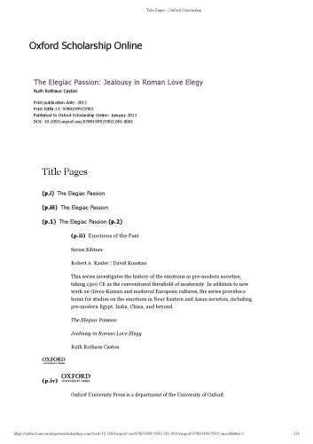 The Elegiac Passion: Jealousy in Roman Love Elegy