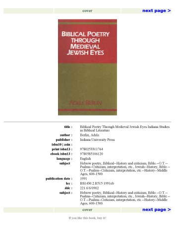 Biblical Poetry Through Medieval Jewish Eyes (Indiana Studies in Biblical Literature)