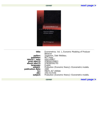 Econometrics, Vol. 1: Econometric Modeling of Producer Behavior