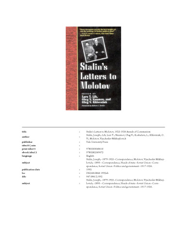 Stalin's Letters to Molotov: 1925-1936 (Annals of Communism Series)