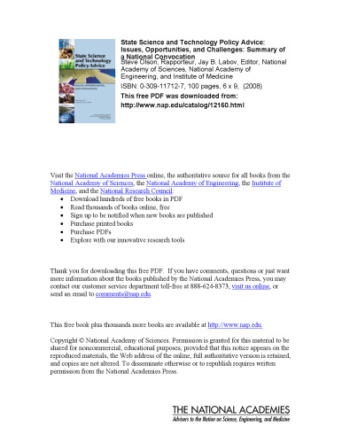 State Science and Technology Policy Advice: Issues, Opportunities, and Challenges: Summary of a National Convocation