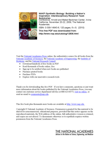 NAKFI Synthetic Biology: Building a Nation's Inspiration: Interdisciplinary Research Team Summaries