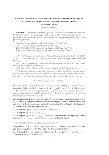 A Course in Computational Algebraic Number Theory - Errata (2000)
