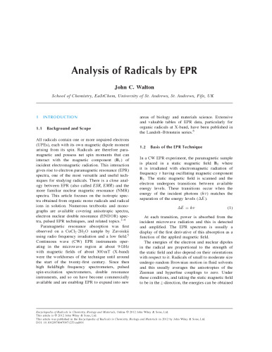 Encyclopedia of Radicals in Chemistry, Biology and Materials