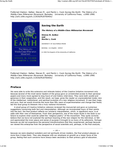 Saving the Earth: The History of a Middle-Class Millenarian Movement