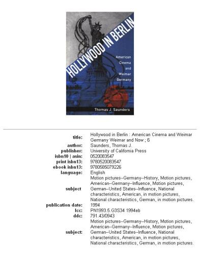 Hollywood in Berlin: American cinema and Weimar Germany