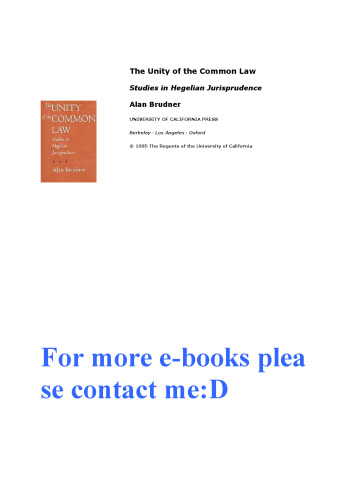 The Unity of the Common Law: Studies in Hegelian Jurisprudence