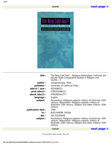 The New Cold War? Religious Nationalism Confronts the Secular State (Comparative Studies in Religion and Society)