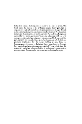 Sociology and organization theory : positivism, paradigms and postmodernity