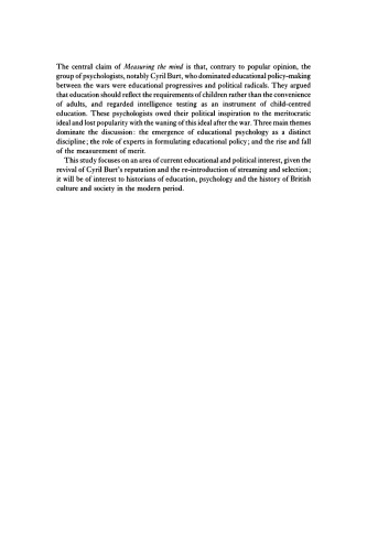 Measuring the Mind: Education and Psychology in England c.1860-c.1990