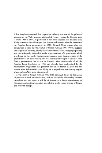 The Politics of French Business 1936-1945