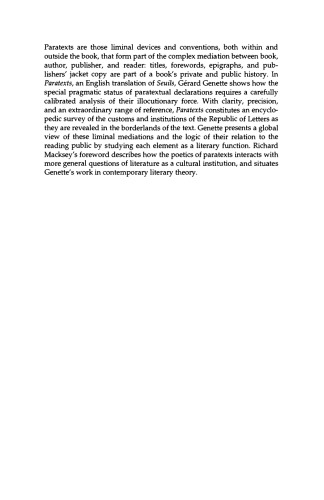 Paratexts: Thresholds of Interpretation (Literature, Culture, Theory)