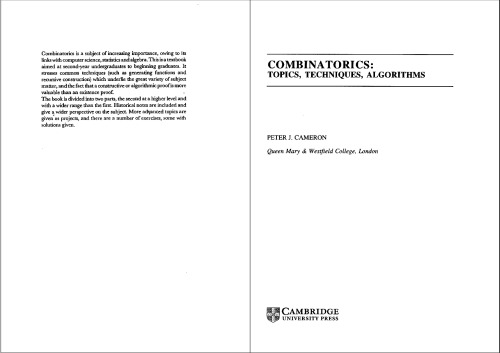 Combinatorics: Topics, Techniques, Algorithms