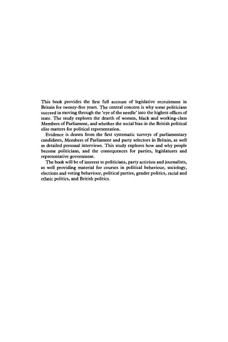 Political Recruitment: Gender, Race and Class in the British Parliament