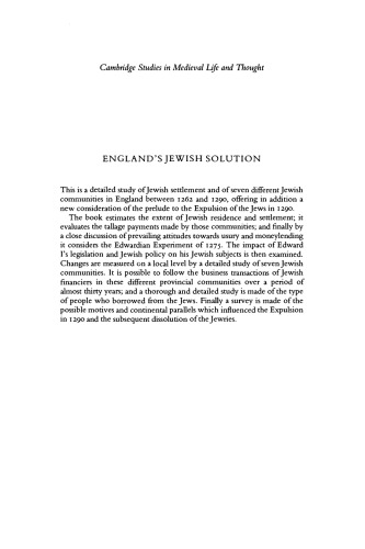 England's Jewish Solution: Experiment and Expulsion, 1262-1290