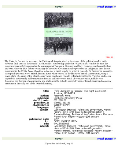 From Liberalism to Fascism: The Right in a French Province, 1928-1939