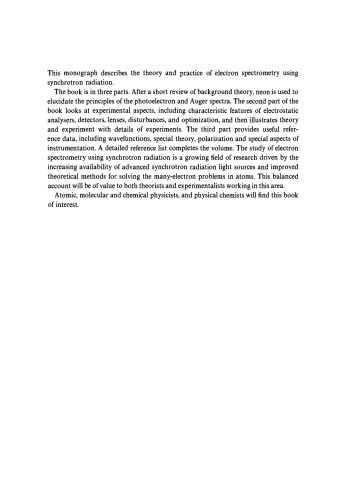 Electron Spectrometry of Atoms using Synchrotron Radiation (Cambridge Monographs on Atomic, Molecular and Chemical Physics)