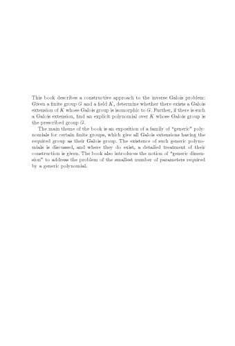 Generic Polynomials: Constructive Aspects of the Inverse Galois Problem (Mathematical Sciences Research Institute Publications, Series Number 45)