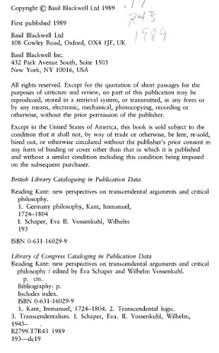 Reading Kant: New Perspectives on Transcendental Arguments and Critical Philosophy
