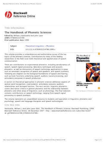 The Handbook of Phonetic Sciences