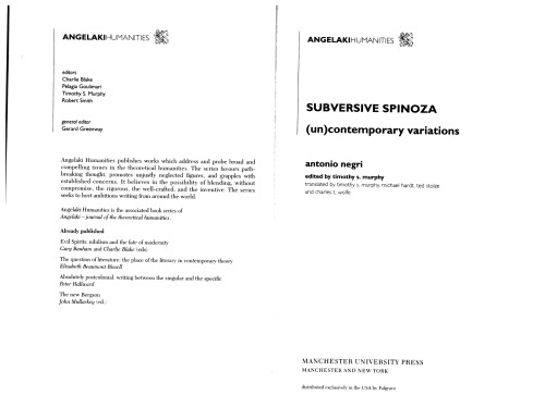 Subversive Spinoza: UN Contemporary Variations: Antonio Negri (Angelaki Humanities)