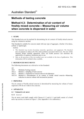 Methods of testing concrete: Determination of air content of freshly mixed concrete - measuring air volume when concrete is dispersed in water