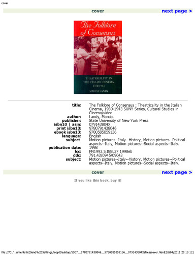 The folklore of consensus: Theatricality in the Italian Cinema, 1930-1943