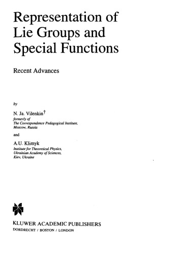 Representation of Lie Groups and Special Functions: Recent Advances: 316