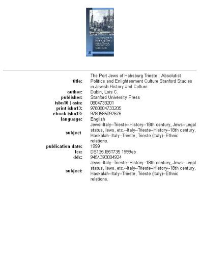 The port Jews of Habsburg Trieste: absolutist politics and enlightenment culture