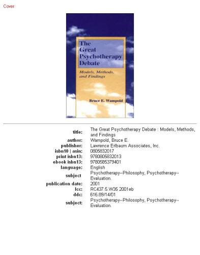 The great psychotherapy debate: models, methods, and findings