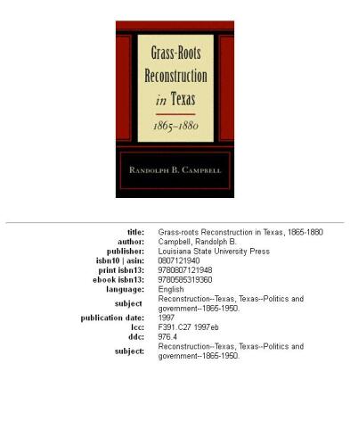Grass-roots reconstruction in Texas, 1865-1880